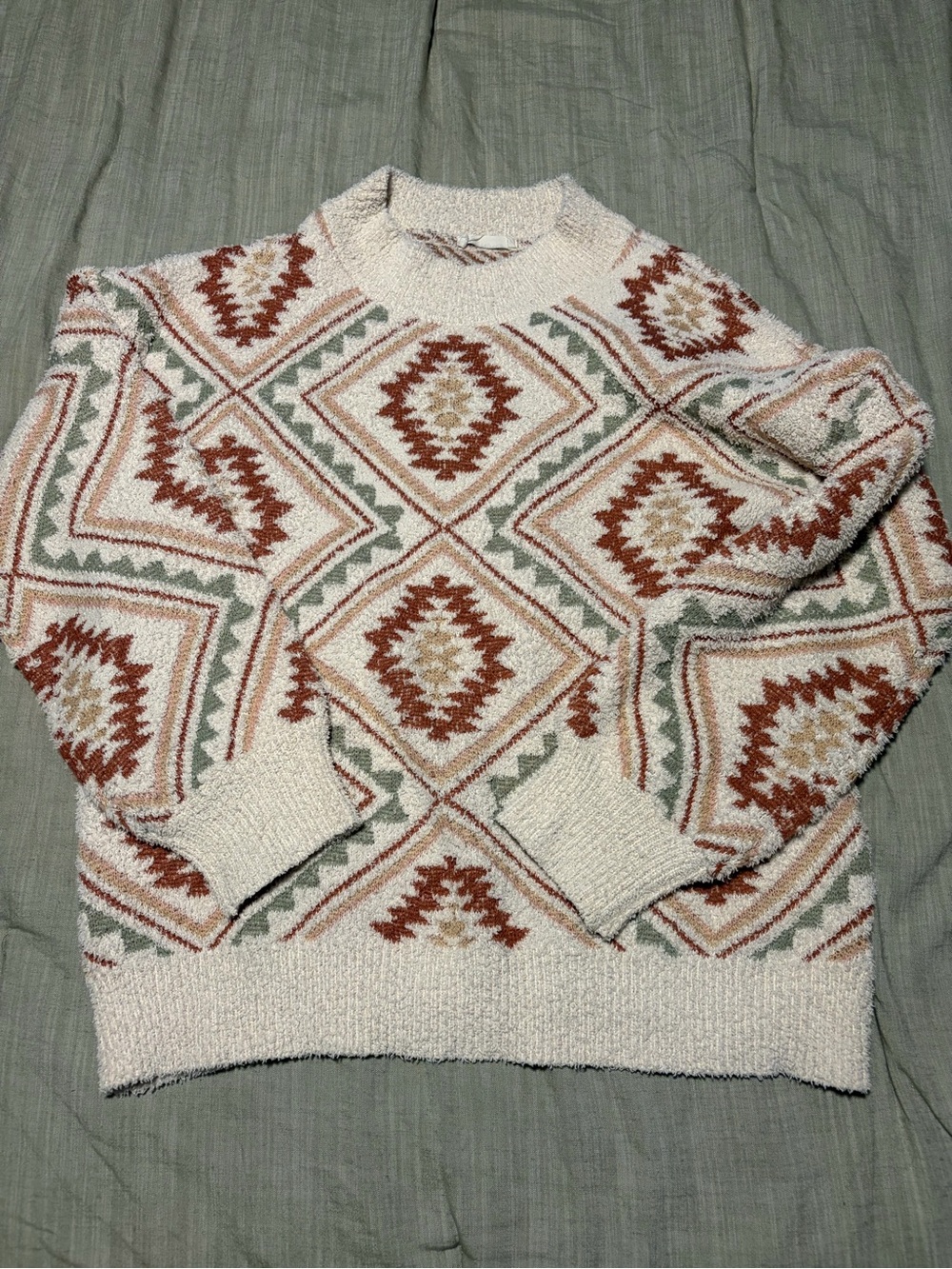 Textured Crewneck Sweater in Cream with Rust & Sage Geometric Pattern
